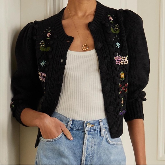 💋SOLD💋✨💙DÔEN ‘Forget Me Not’ Embroidered Cable Knit Cardigan Sweater Navy XS - Picture 11 of 14